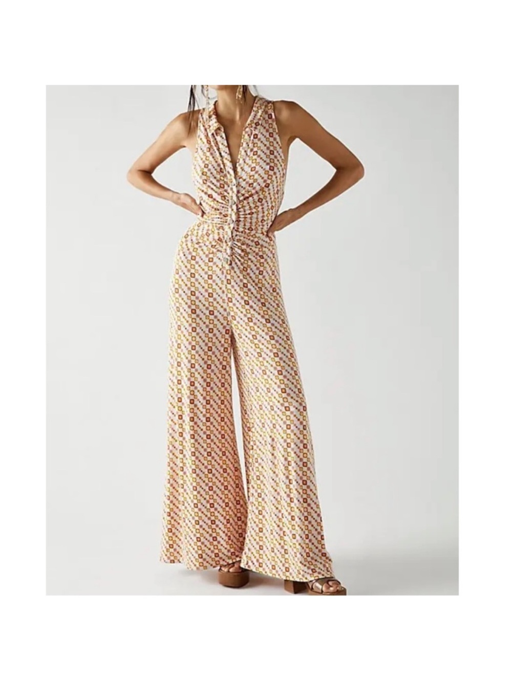 Free People Sleeveless Wide-Leg Printed Jumpsuit in Cream and Yellow - Picture 2 of 2